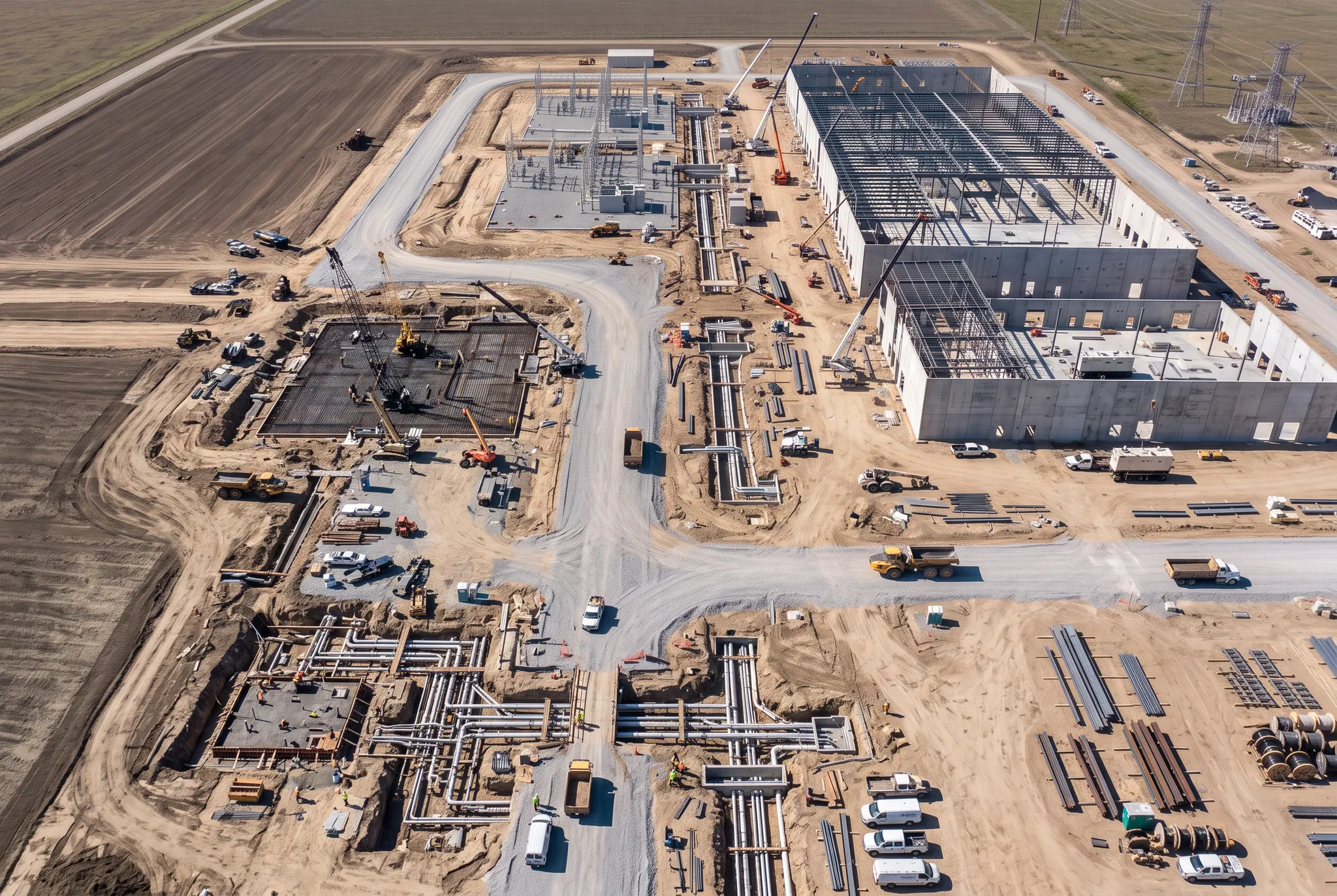 Overhead view of phased civil work across a data center campus construction site