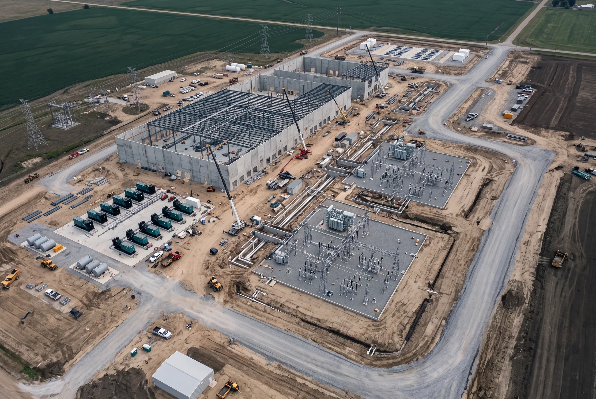 Aerial view of data center electrical infrastructure and substations under construction