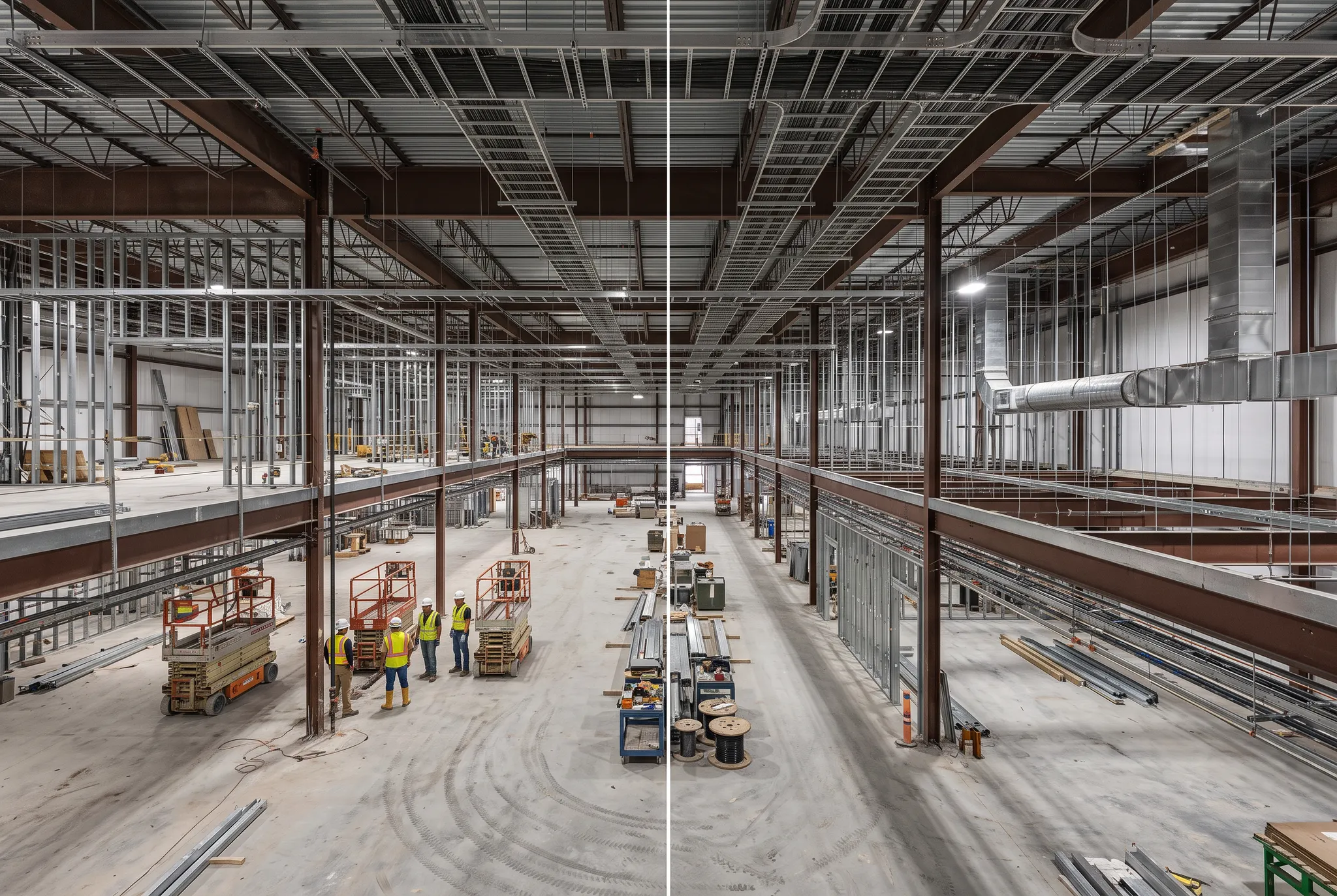 Construction crew inside an active data center MEP buildout